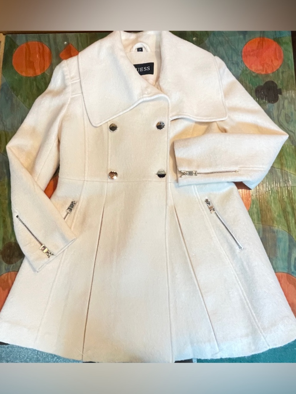 Guess Womens Double Breasted Pea Coat Wool Blend Mid Length Heavyweight Large